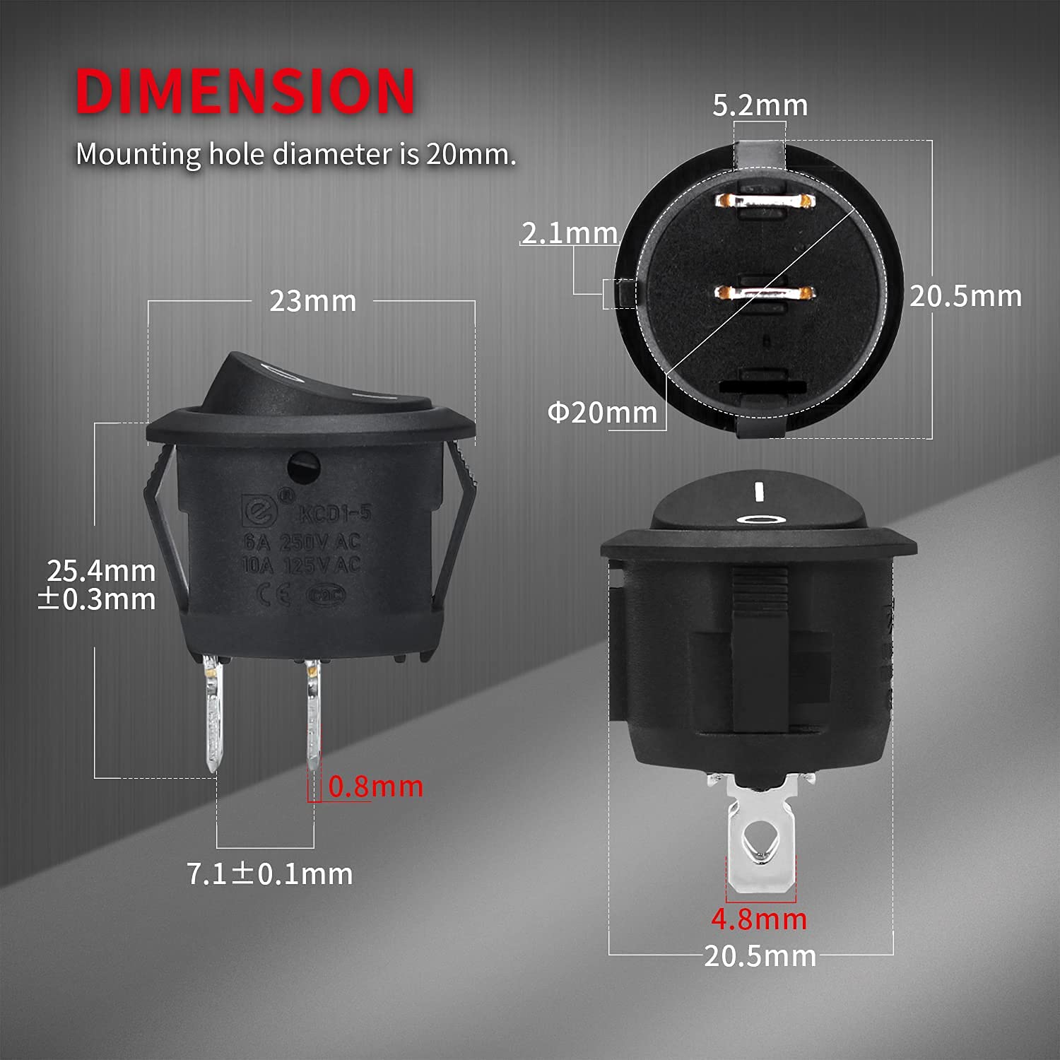 【Booming】 DaierTek 5PCS ON Off Round Rocker Switches SPST 20mm Mini 12 ...