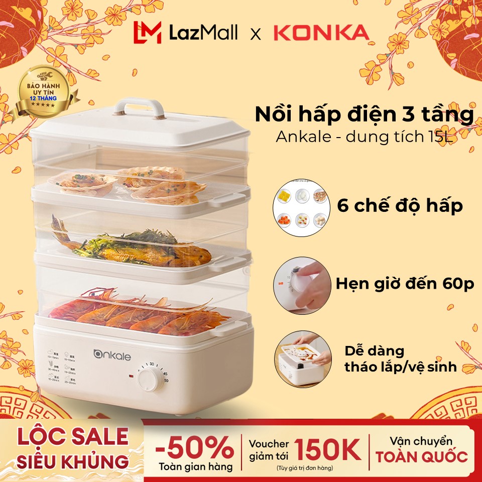 Nồi hấp điện Dung tích 15 Lít, công xuất 800W, thiết kế sang trọng hiện đại 3 tầng phù hợp cho gia đình