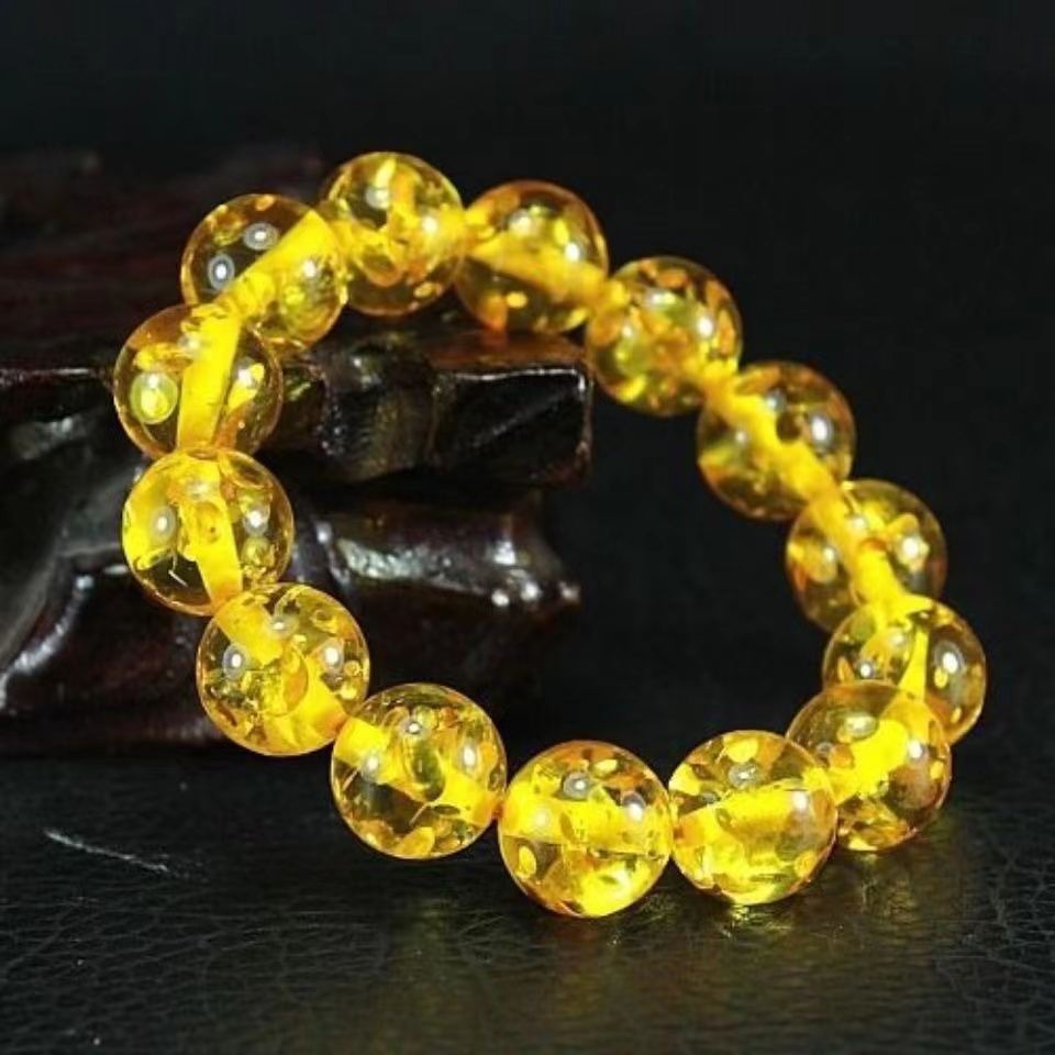 Amber Bracelet yellow honey wax hand string yellow flower amber round bead 16mm bracelet men and women