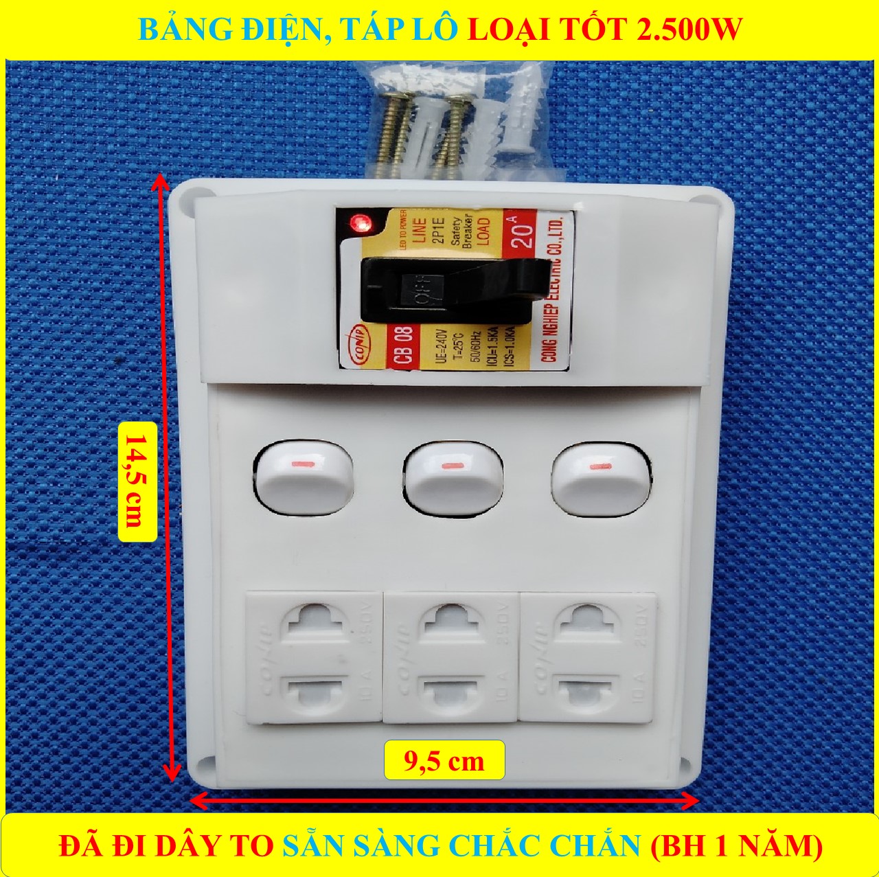 Bảng điện nổi, Táp lô điện 2500W LOẠI TỐT (BH 1 NĂM) + Atomat 20A + 3 Công tắc điện + Đã đi dây điện TO sẵn sàng đầy đủ + Bộ ốc vít lắp đặt (bộ 1 sản phẩm)