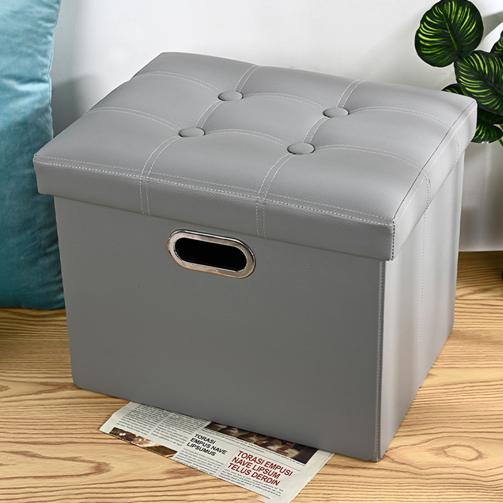Storage Stool with Handle Foldable Strong Load Bearing Faux Leather Versatile Storage Ottomans Cube Seat