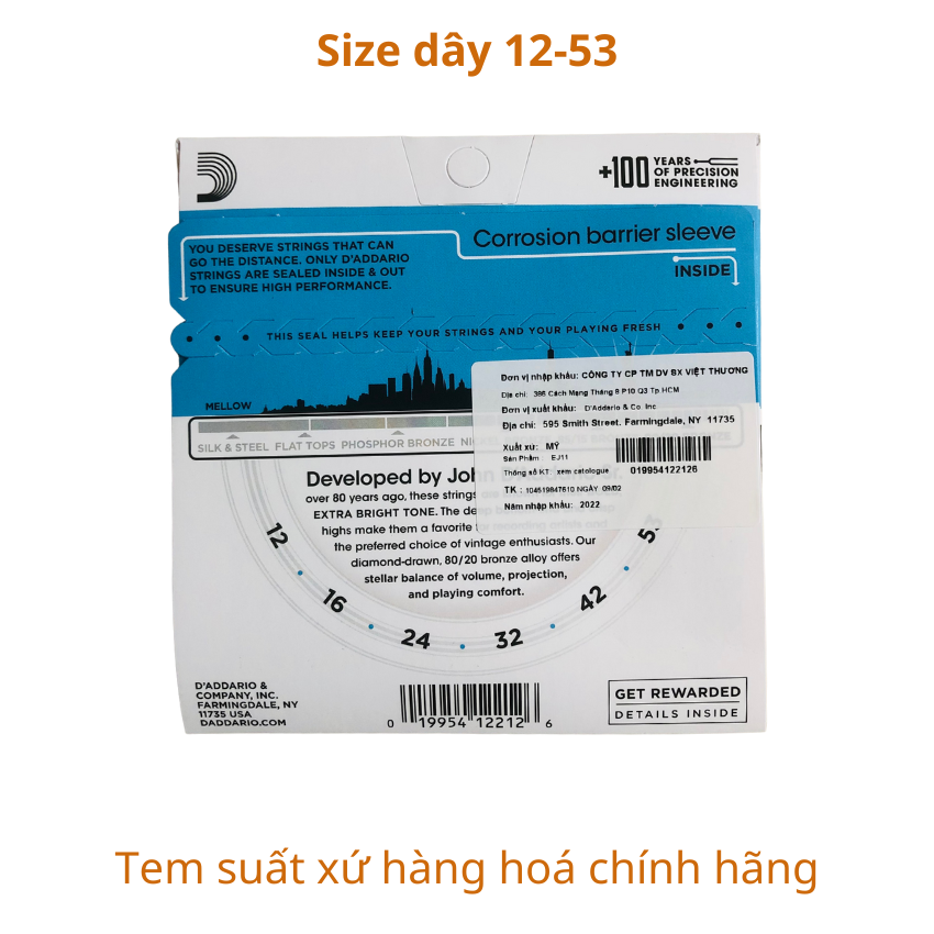 Bộ dây đàn guitar acoustic D'addario EJ11 size 12 chính hãng (80/20 Bronze Strings) light gauge