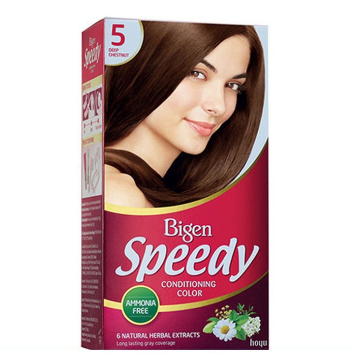 Kem nhuộm tóc Bigen Speedy Conditoning Color số 5 mang lại cho bạn màu tóc nâu đậm đẹp mắt, đồng thời chiết xuất từ các thành phần tự nhiên, sản phẩm giúp bảo vệ tóc khỏi hư tổn và giảm thiểu ảnh hưởng tiêu cực của việc nhuộm tóc.