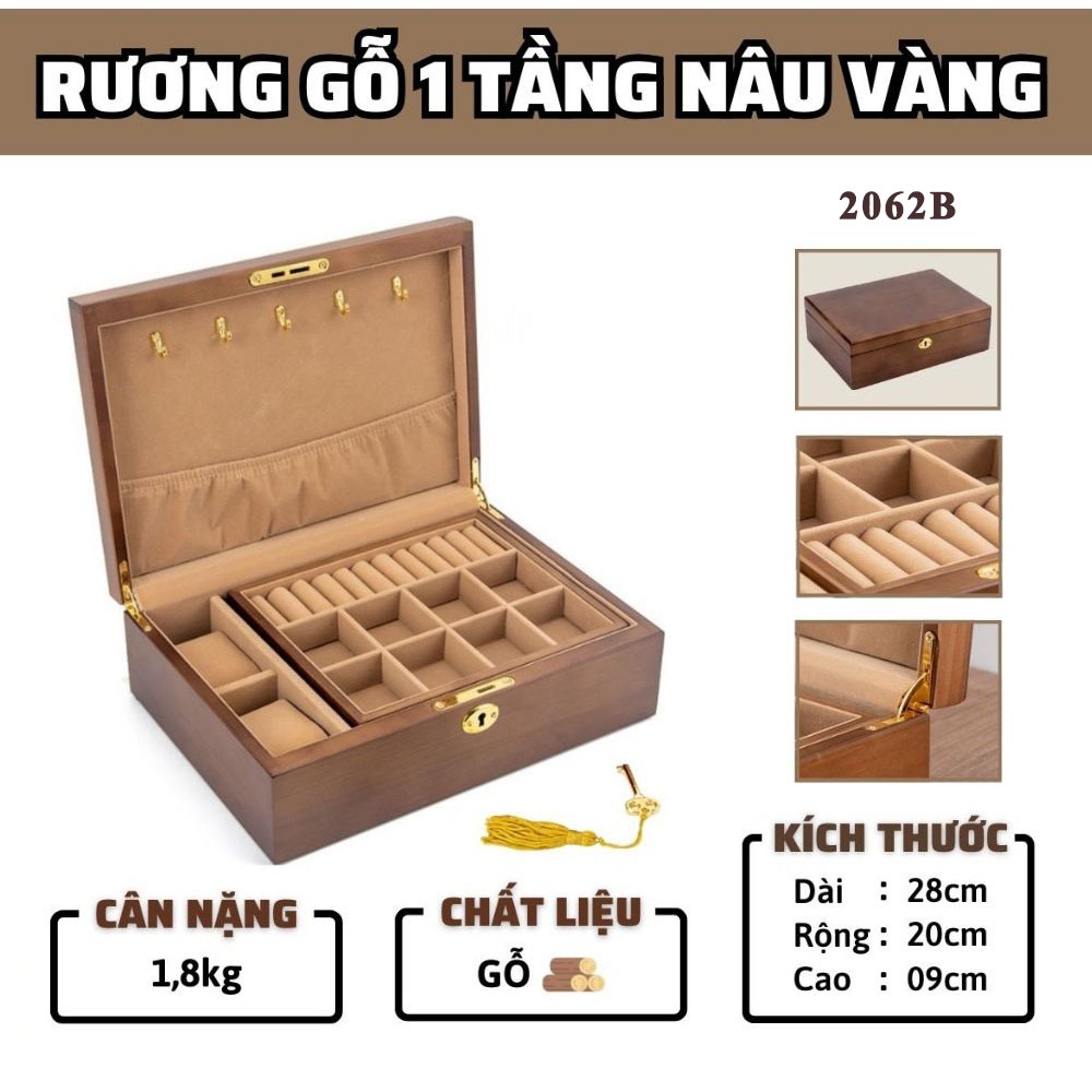 Hộp, rương gỗ đựng đồ trang sức 1 tầng 2 ngăn 2062 2063 gỗ mdf đựng mỹ phẩm, đồng hồ, nhẫn và đá qúy - wincy mart