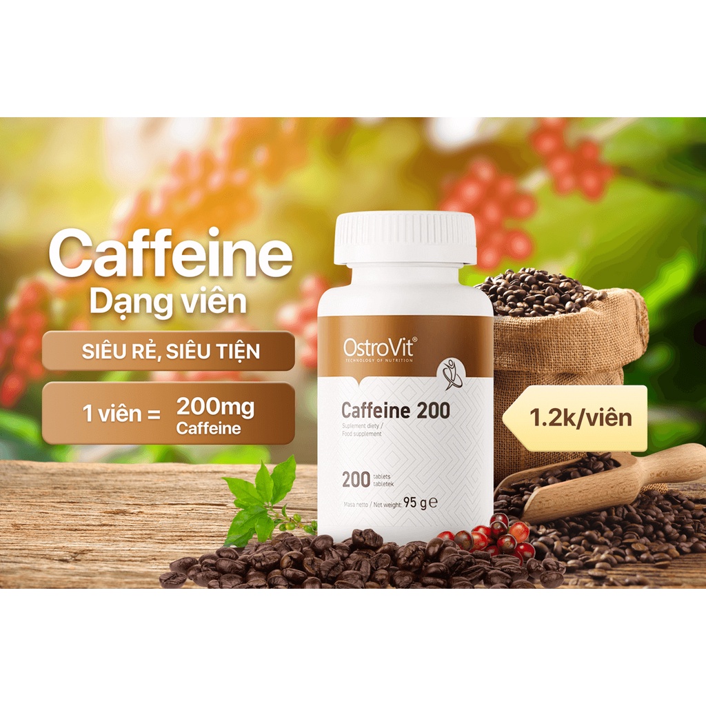 Viên Uống Ostrovit Caffeine (200 Viên) - Hỗ Trợ Tỉnh Táo, Giảm Mệt Mỏi, Tăng Khả Năng Tập Trung Não Bộ