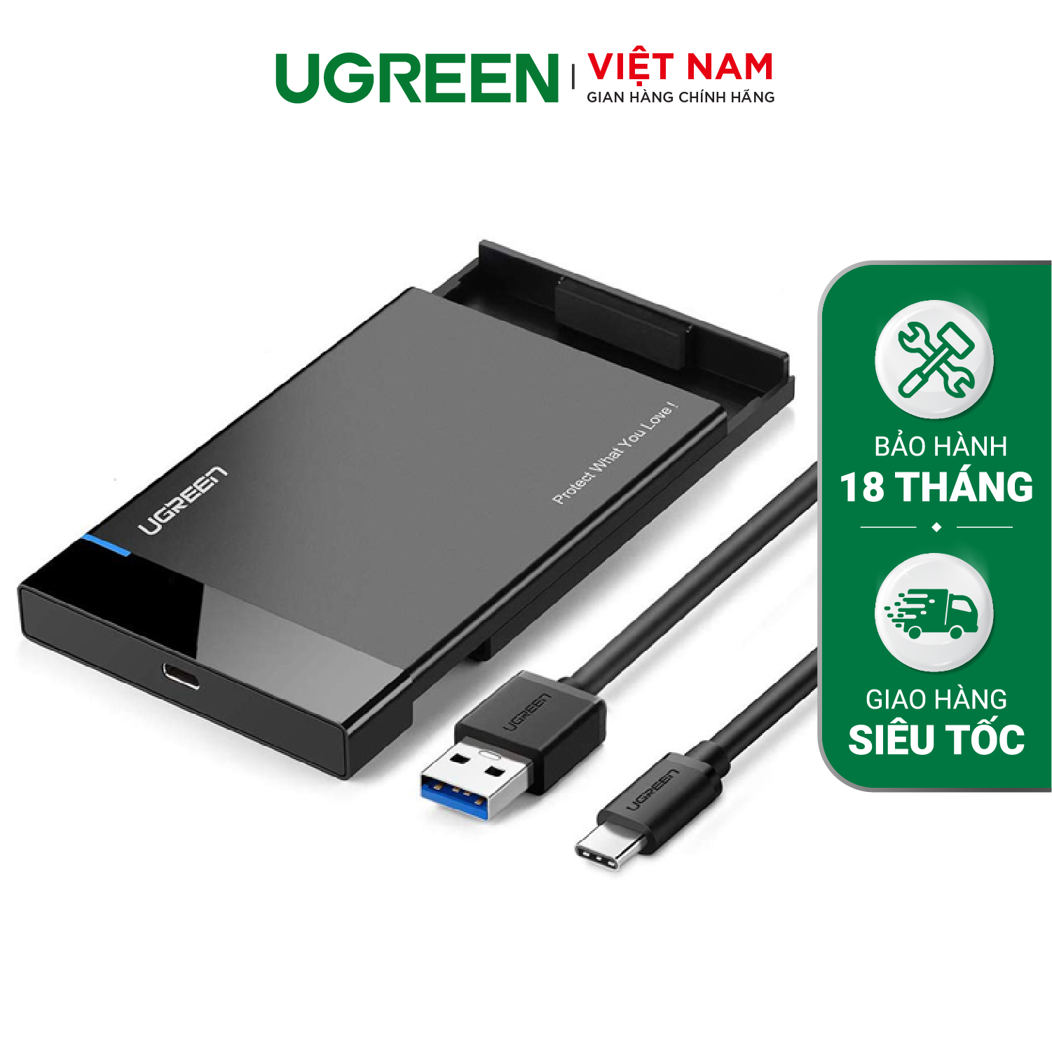 Hộp đựng ổ cứng UGREEN US221 Đựng ổ 2.5 inch SSD/HDD hỗ trợ lên đến 6TB vỏ nhựa ABS cao cấp (dây USB 3.0 gắn liền vỏ hộp) kích thước 128x82x14mm – Hàng phân phối chính hãng – Bảo hành 18 tháng 1 đổi 1
