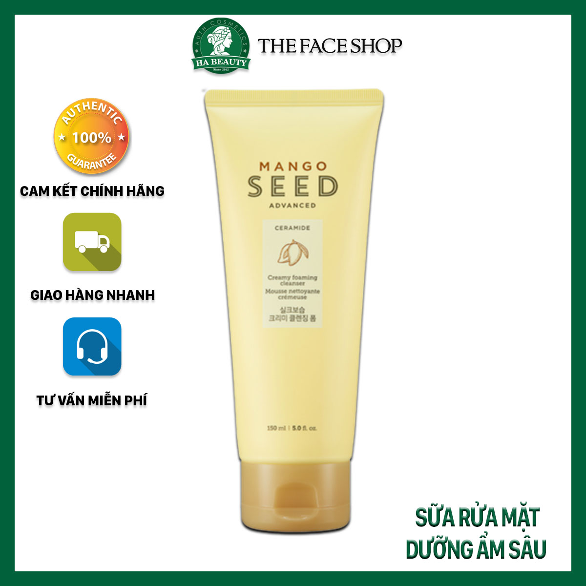 Sữa rửa mặt cấp ẩm sạch sâu se khít lỗ chân lông The Face Shop Mango Seed Creamy Foaming Cleanser 150ml dưỡng ẩm sâu