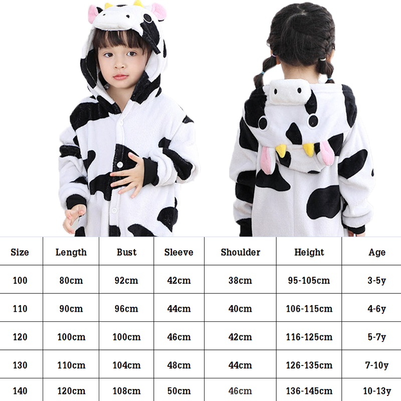 Children Kigurumi Cow Onesie Sleepwear Animal Cosplay Costume Boy Girl Pyjama Homewear Jumpsuit For Kid (Without Shoes)