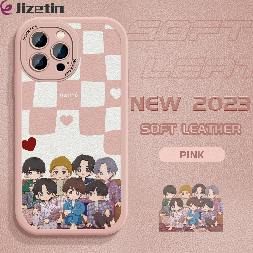 Jizetin Casing For iPhone 15 15 Pro 15 Plus 15 Pro Max Slim Skin Feeling Popular Korea Boy Group Leather Back Casing Soft Silicone PU Leather Cover Phone Case
