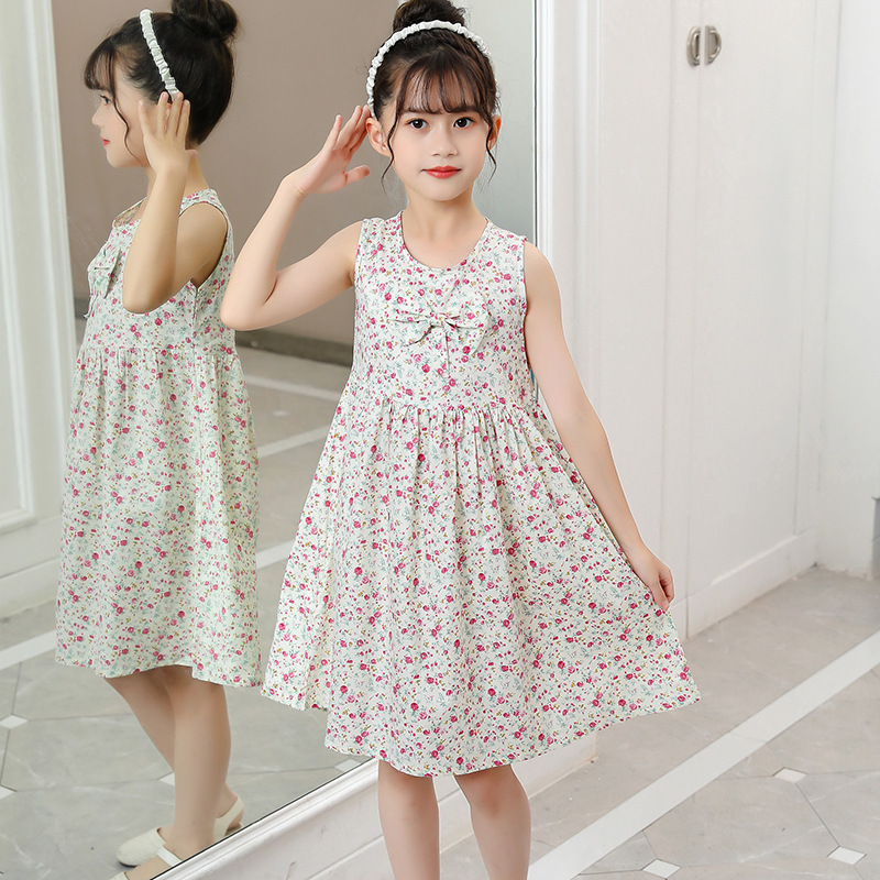 1-11 Years Girls Korean Version Cotton Floral Dress Loose Casual Breathable Sleeveless Princess Skirt Children's Beach Dress Daily