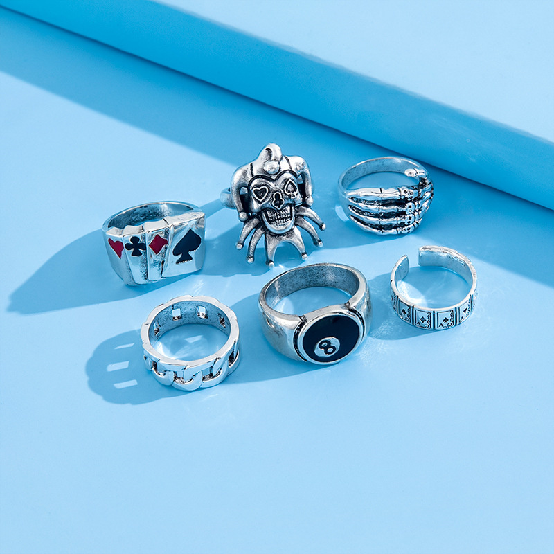 Metal Finger Rings Men's 6 Piece Set Skull Ghost Claw Poker Clown ...