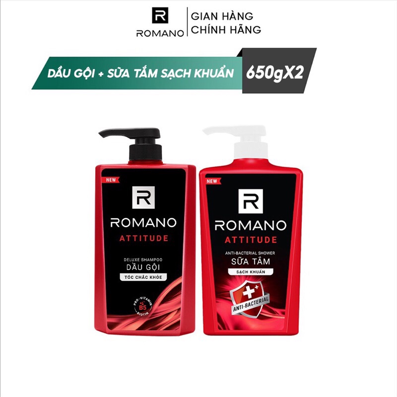 Combo hai chai dầu gội và sữa tắm romano attitude 650g