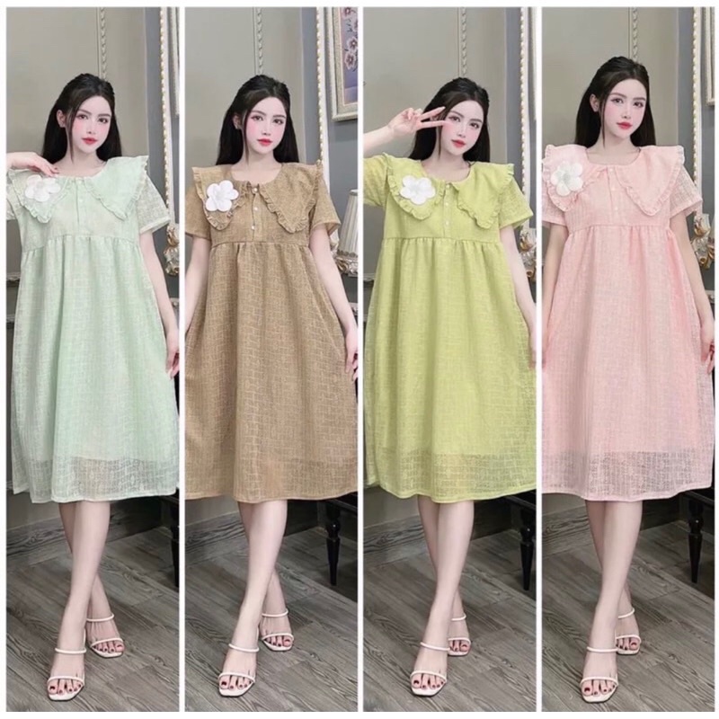 Váy bầu cổ bèo bông hoa tiêu thư vải ren V31