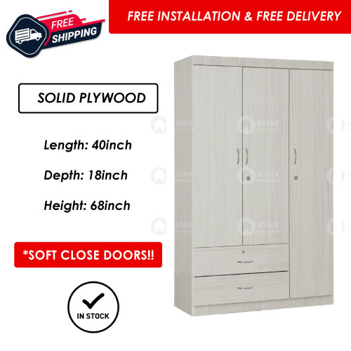Furniture Amart 2 / 3 Door Wardrobe Solid Plywood with Lock