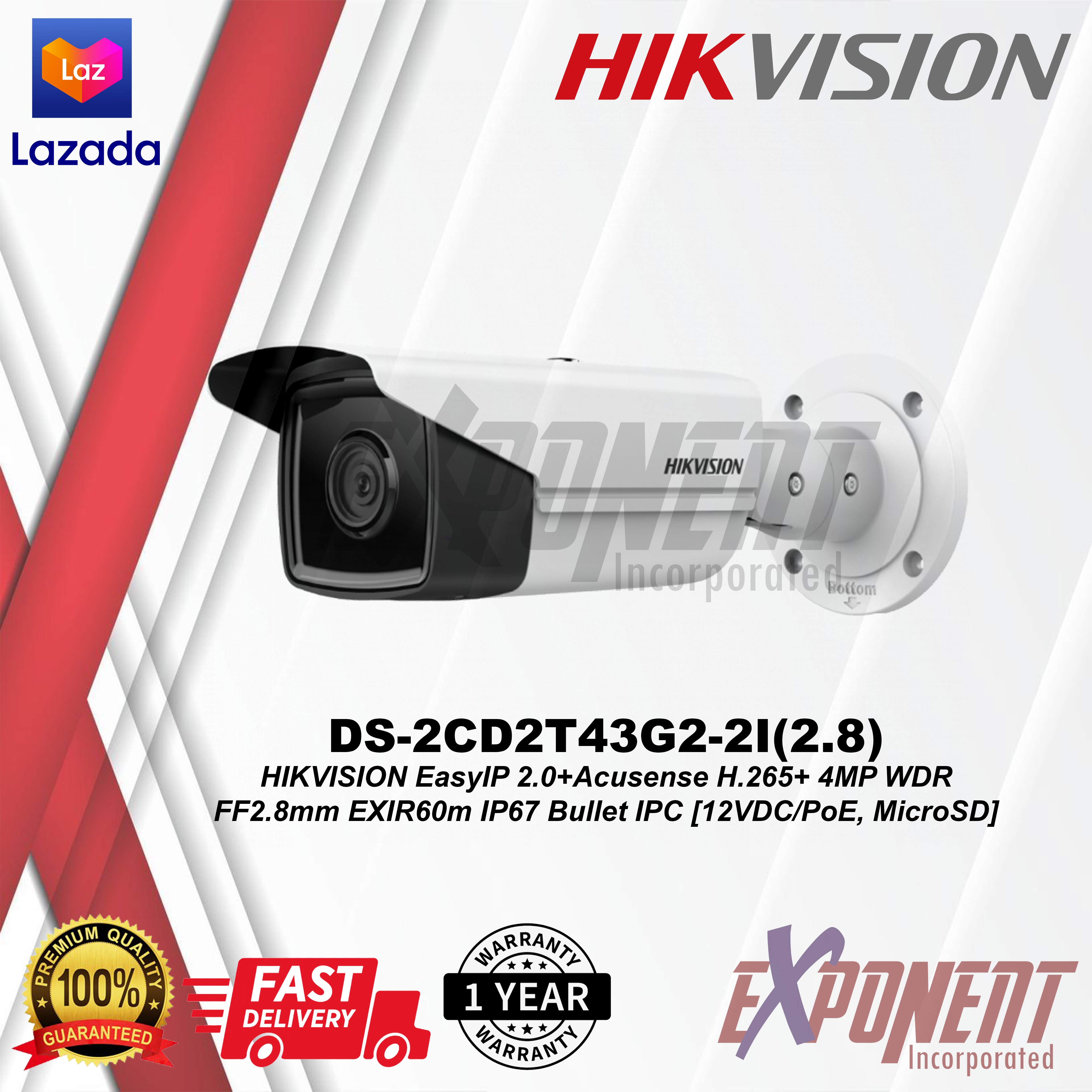 DS2CD2T43G22I(2.8) HIKVISION EasyIP 2.0+Acusense H.265+ 4MP WDR FF2