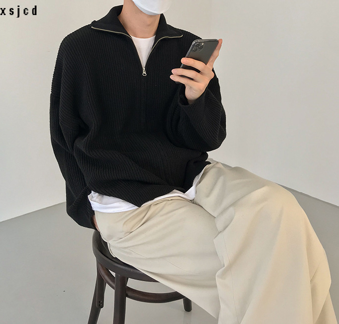 xsjcd Cardigan sweater jacket men's autumn and winter Hong Kong style solid color sweater trendy design casual stand-up540_voghion.com