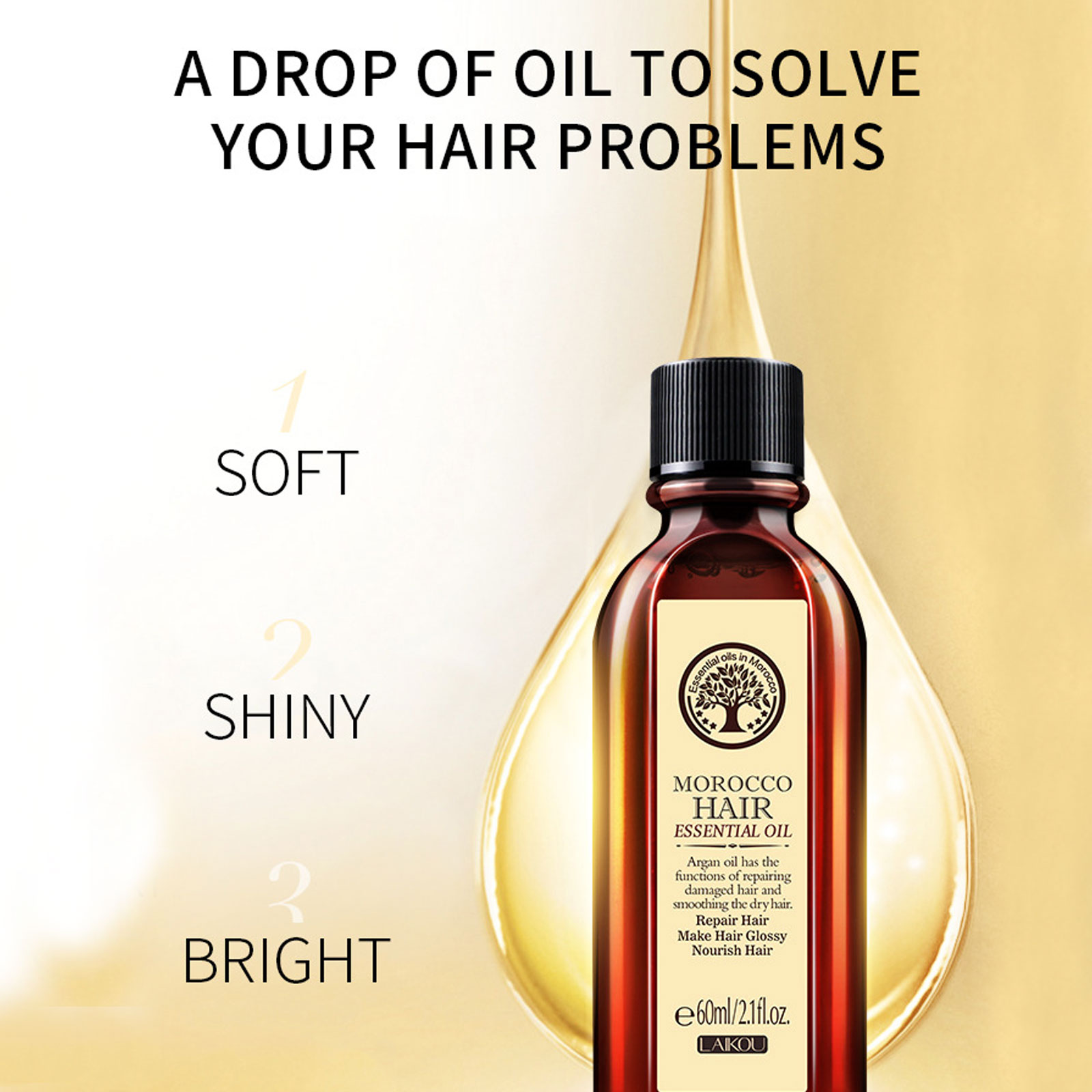 LAIKOU 60ml Pure Morocco Hair Essential Oil Argan Essence Nourish Scalp Repair Dry Damaged Hair For Split Ends. 