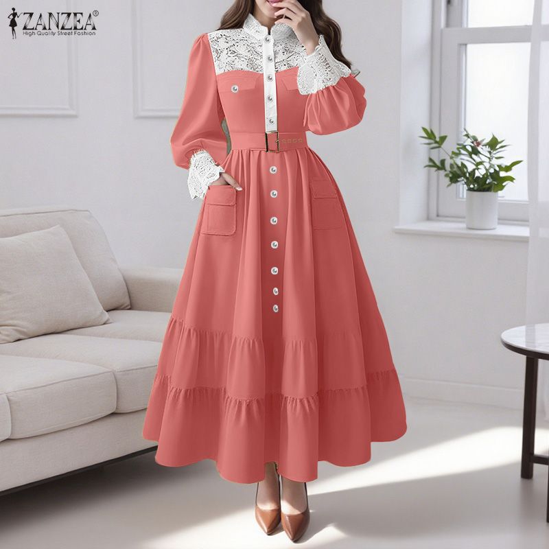 ZANZEA%20Korean%20Style%20Women%20Fashion%20Stand%20Collar%20Full%20Sleeve%20Dresses%20Stitching%C2%A0Color%20Lace%20Patchwork%20Loog%20Dress%20#1020%20-%20Image%202