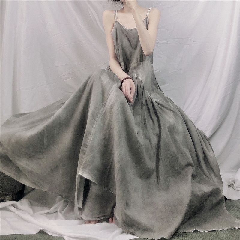Chinese style double-layer big swing grey retro ultra-long flowing dress slip dress
