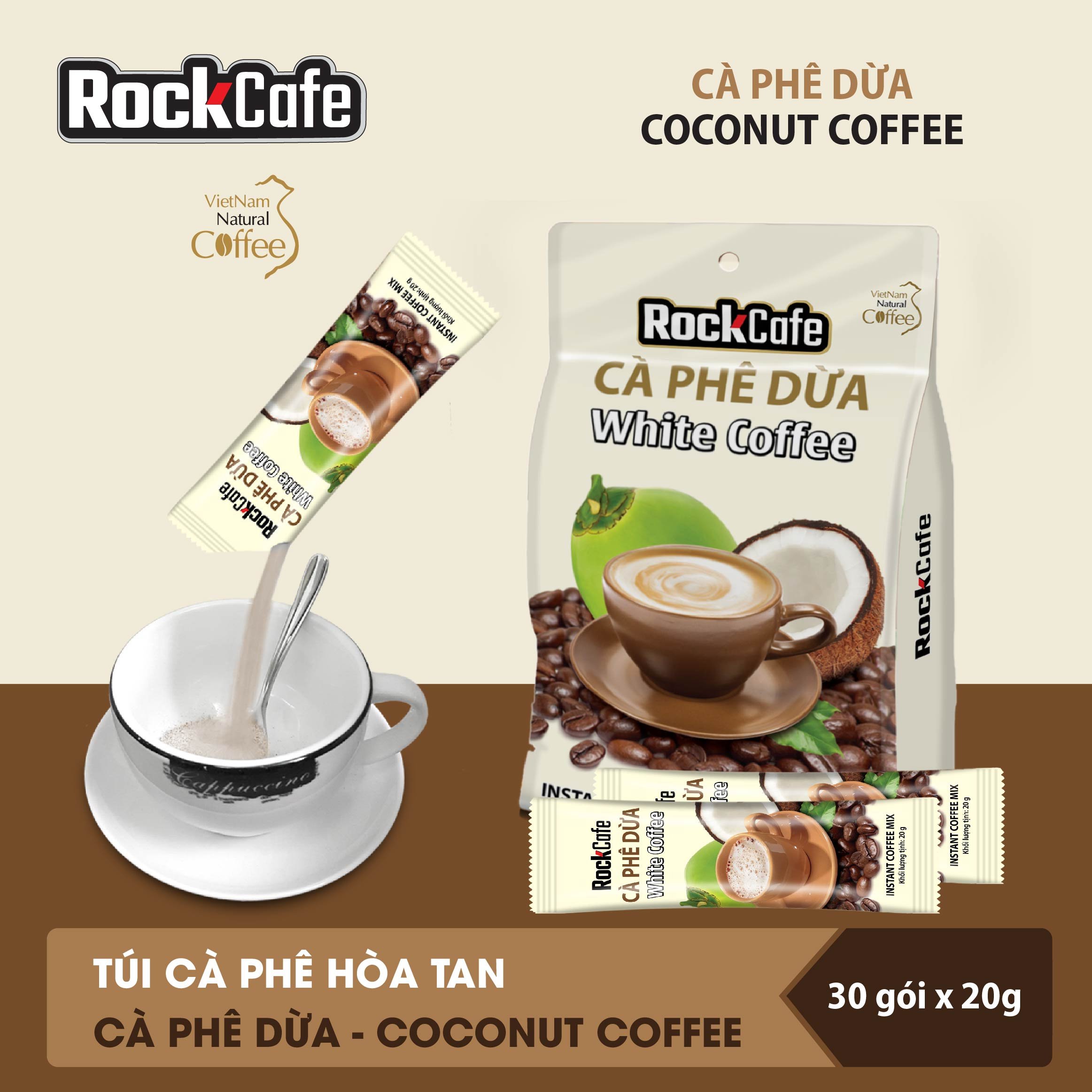 RockCafe - Cà phê hòa tan 3 trong 1 - Vị Dừa độc đáo - Thơm ngon - Tinh khiết - Chuẩn vị cafe Việt - Túi 30 gói x 20gr