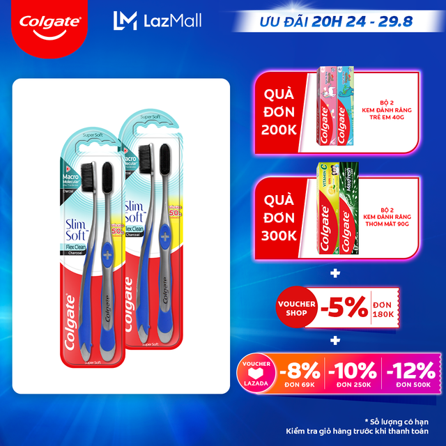 Set of 4 Colgate Slimsoft with Flex Clean Charcoal bristle toothbrush