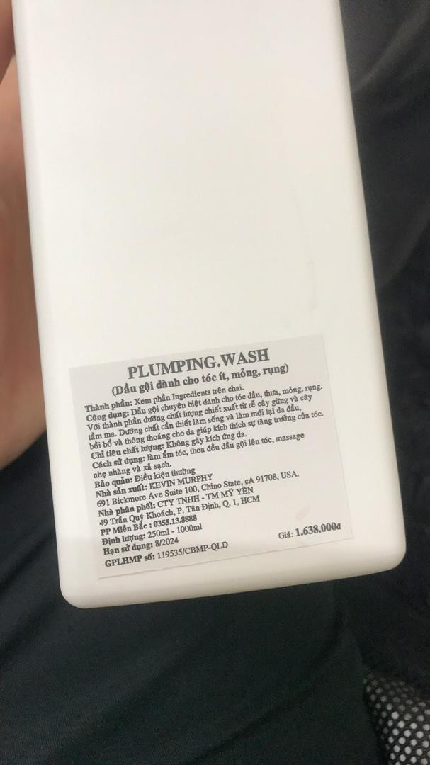 Dầu gội cho tóc ít, mỏng, rụng Plumping Wash Kevin Murphy 1000ml