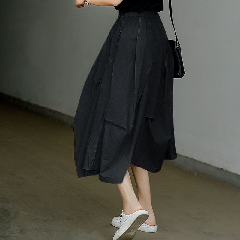 WhiteTime Tooling Skirt Solid Color High Waist Cover Belly Slimming MIDI Skirt Pleated Umbrella Skirt Irregular A-line Skirt Summer Everything301T3664
