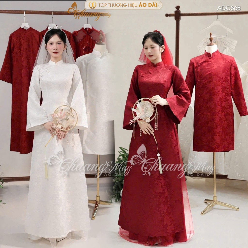 Áo dài cưới cặp đôi cô dâu chú rể Châu Sa hoa Việt ADC868 may sẵn nam nữ dự tiệc đám hỏi lễ tết đẹp