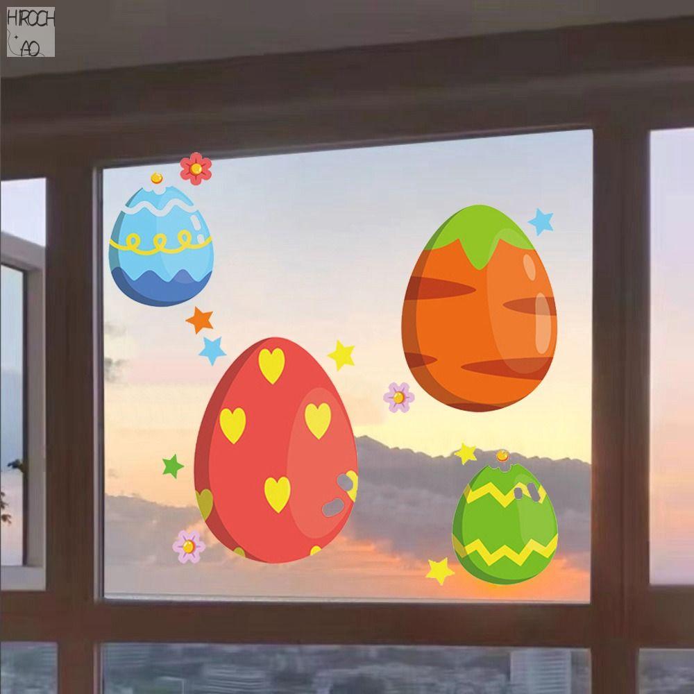 HIROCHAO Plastic Cartoon Easter Egg Window Stickers Static Decorative Easter Window Door Stickers Creative Colorful Carrot Egg Wall Sticker Home
