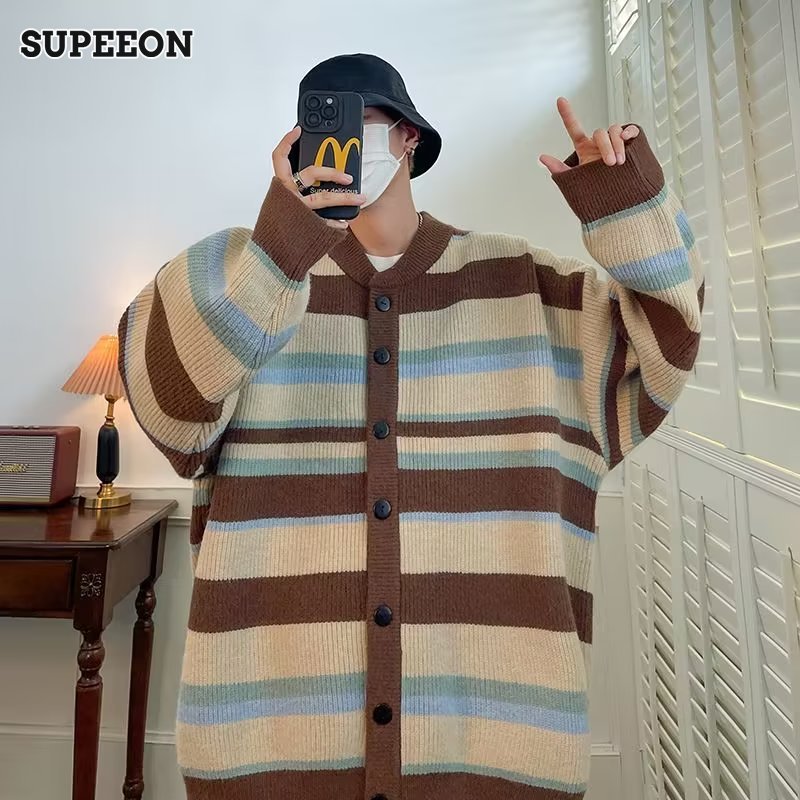SUPEEON Men s retro design contrast striped knitted sweater Loose lazy