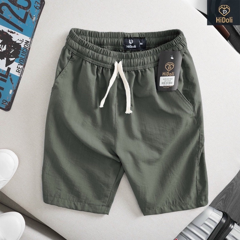 Quần đùi nam chất đũi co giãn thoáng mát, quần short đũi cạp chun dây rút