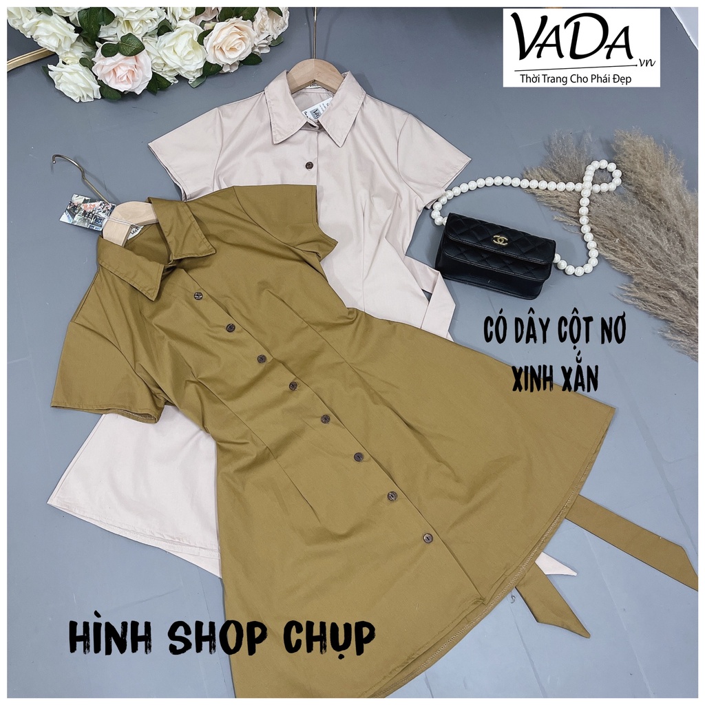 Váy Đầm Sơ Mi Thô Ngắn Tay Cổ Đức kèm dây thắt eo