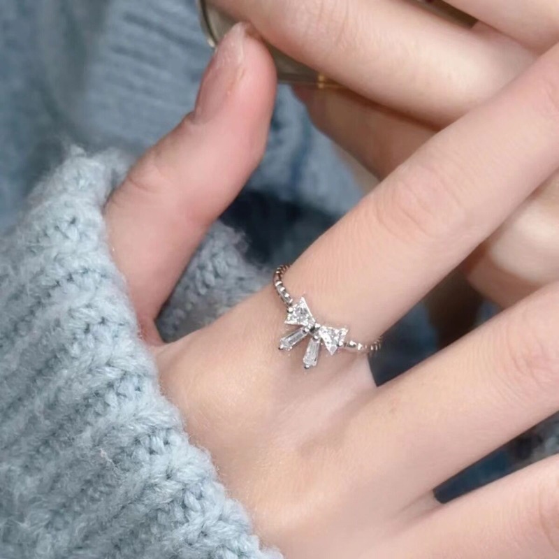 Sweet Bow Knot Open Ring Women Girls Adjustable Classic Zircon Silver Ring Daily Shopping Dating Fashion Jewelry Gift
