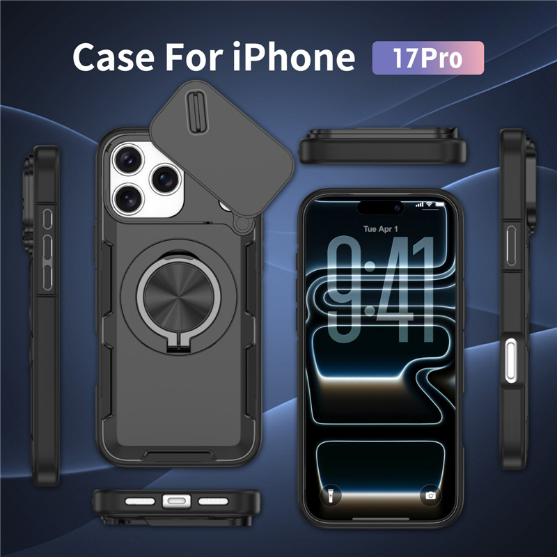 Case For IPhone 17 16 15 Max 14 Pro 13 12 11 Slide Camera Ring Stand Armor Anti-fall Protection Kickstand Covers_voghion.com