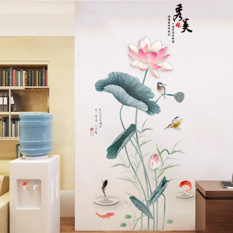 Decal Dán Tường Hoa Sen Chim và Cá
