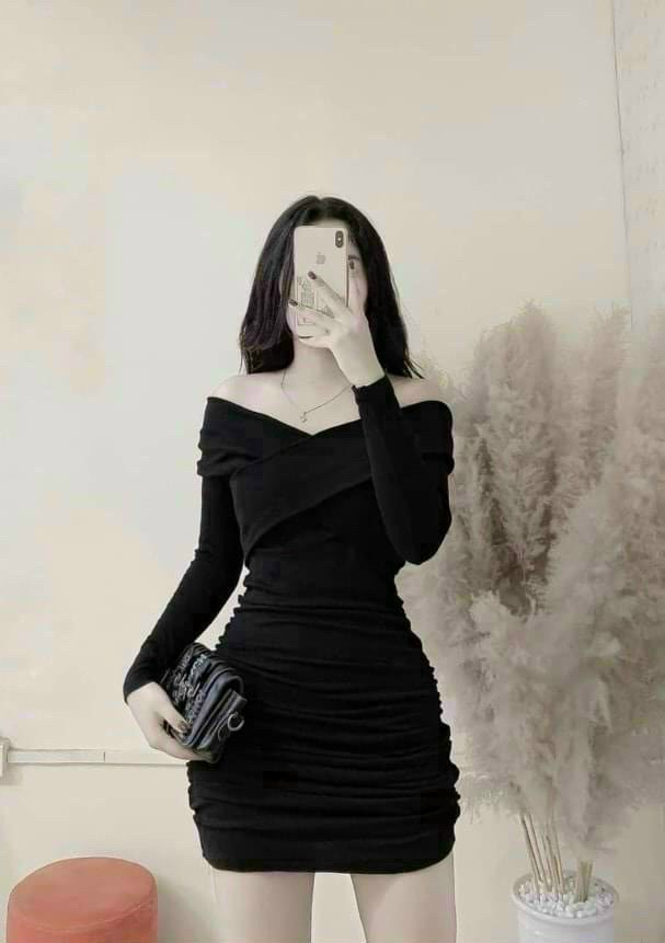 Đầm thun gân nữ màu đen trễ vai tay dài, đầm nữ om body màu đen, đầm nữ đi tiệc, đầm bodycon, váy ôm nữ mặc đi chơi tay dài, đầm thun trễ vai
