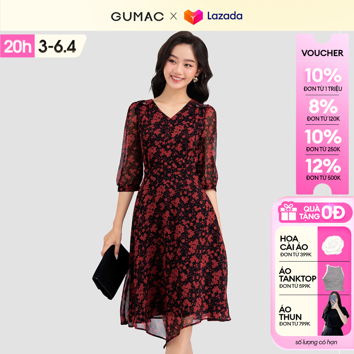 Đầm nữ phối vai nhún GUMAC DD03067