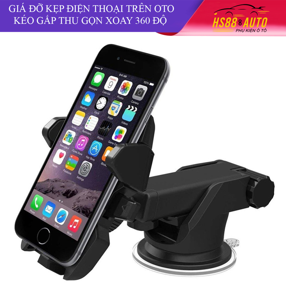 Giá đỡ kẹp điện thoại trên ô tô lắp đặt nhiều vị trí bề mặt , kéo gấp thu gọn xoay 360 độ