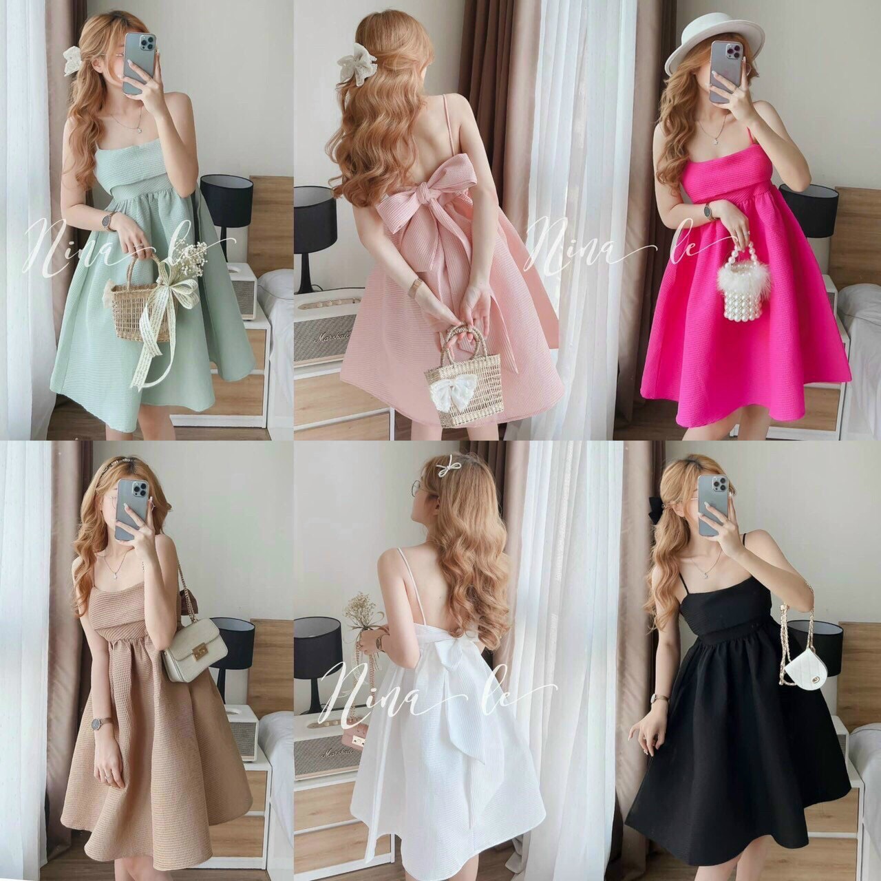 Đầm nữ, đầm 2 dây dáng xòe cột nơ sau lưng (có mút)