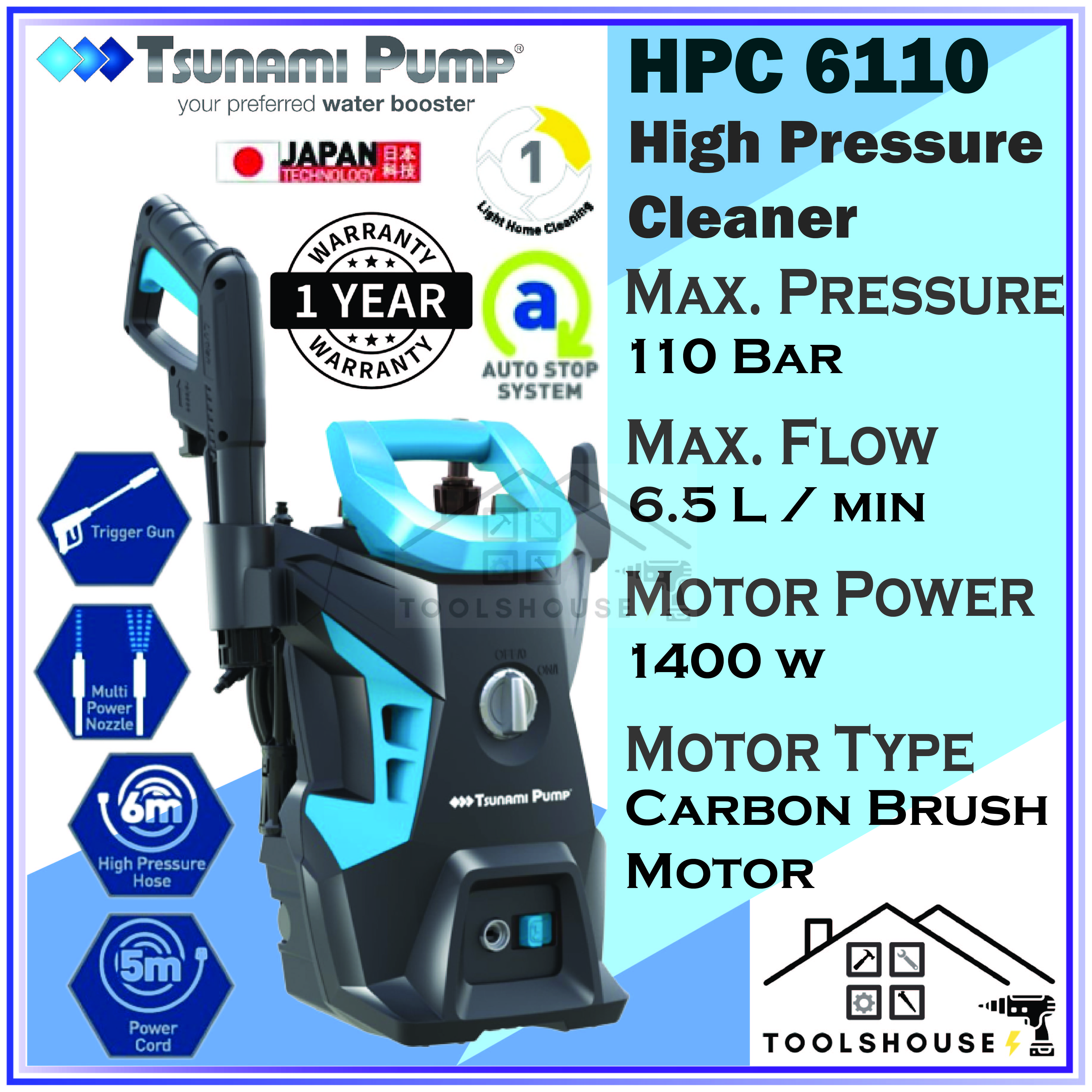 Tsunami HPC6110 High Pressure Cleaner(1400w/110bar) | Lazada