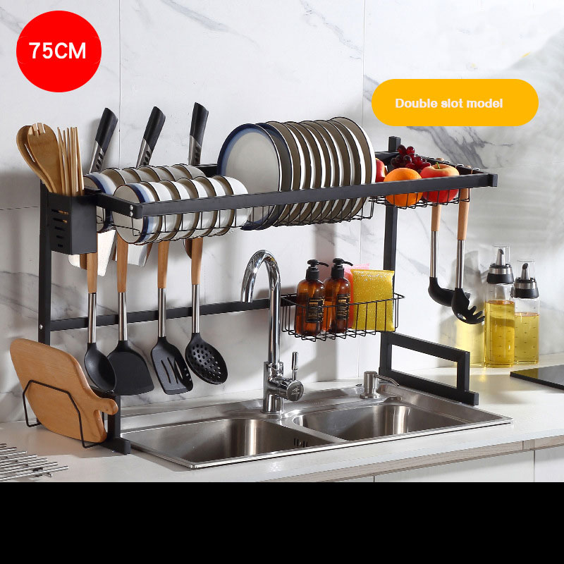 Stainless steel sink drain rack kitchen storage rack countertop dishware knife and chopsticks storage rack removable double layer drain rack