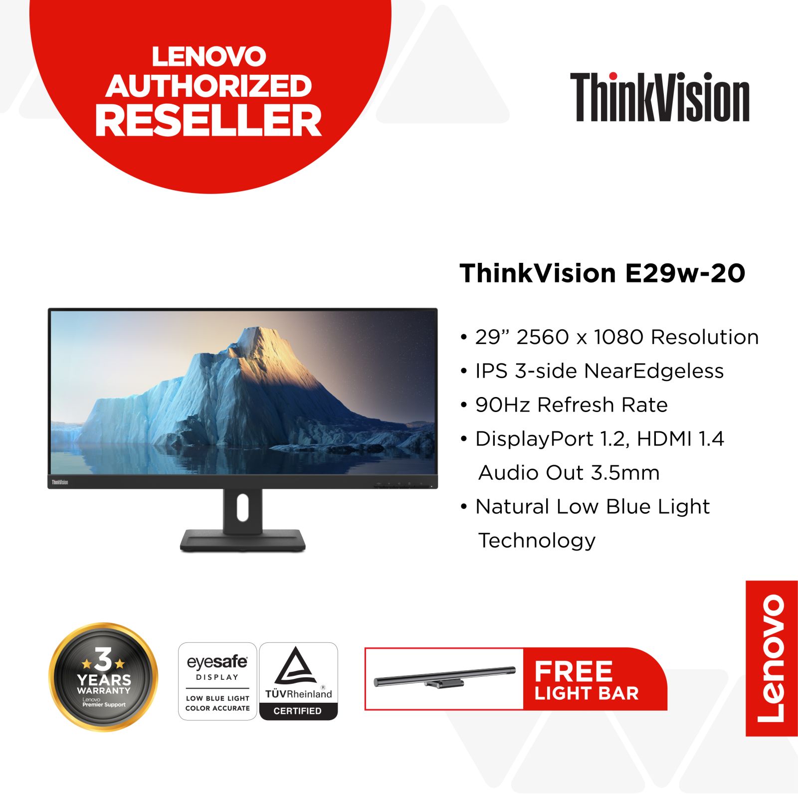 Lenovo ThinkVision E29W-20 Monitor, 29 