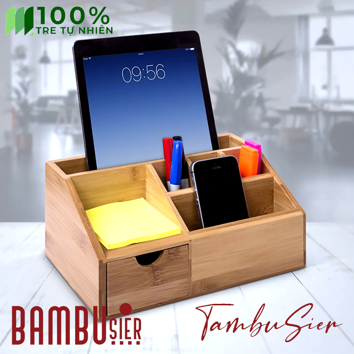 Khay hộp cắm bút gỗ tre để bàn