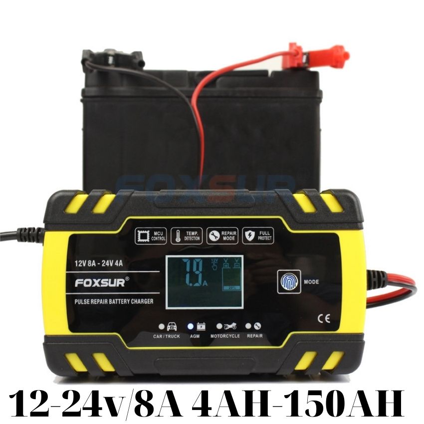Máy sạc bình ắc quy 12V-24V/8A kèm khử sunfat phục hồi ắc quy thông minh tự ngắt khi đầy chống ngược cực có LCD và quạt tản nhiệt sạc được cho cả bình khô bình ướt từ 4ah-150Ah ,kích sạc ắc quy