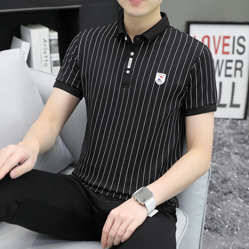 Eershenshi men's large size business short sleeve polo shirt striped slim fit business style polo shirt