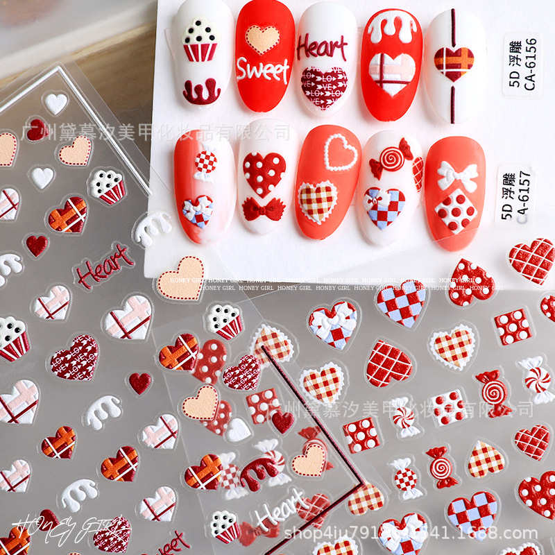 Sticker Nail 5D Lụa Nổi | Tim Đỏ & Bánh Kẹo | Hình Dán Móng Tay CA