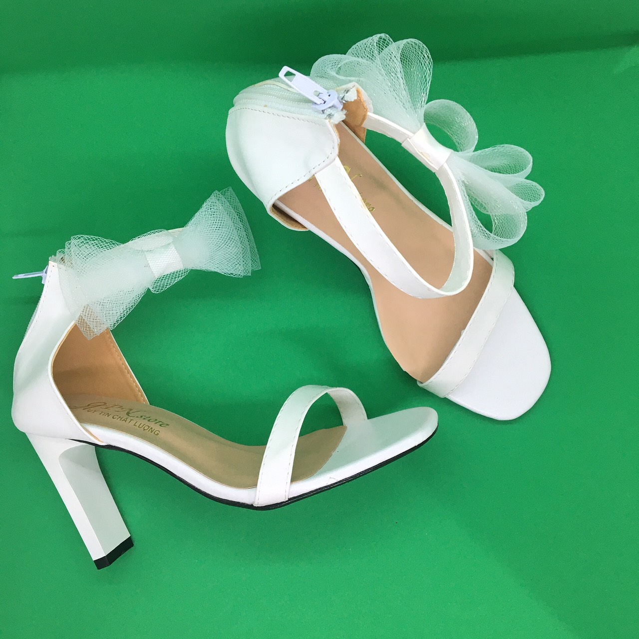 Giày sandal nữ cao gót 9p quay ngang nơ lưới phối cổ chân sành điệu - SD26