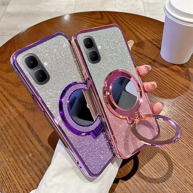 New Phone case infinix Smart10 Plus Back cover with Makeup Mirror Holder Stand Luxury Shiny Gradient Plating Glitter Slim For infinix Smart 10+ case. 