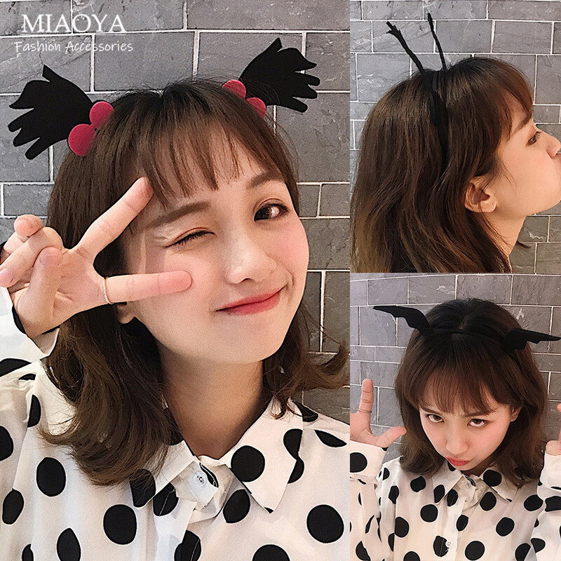 MIAOYA Fashion Jewelry Shop INS Dây buộc tóc hình đôi cánh quỷ ngộ nghĩnh cho nữ Phụ kiện tóc đen Halloween cho học sinh Phụ kiện đi chơi