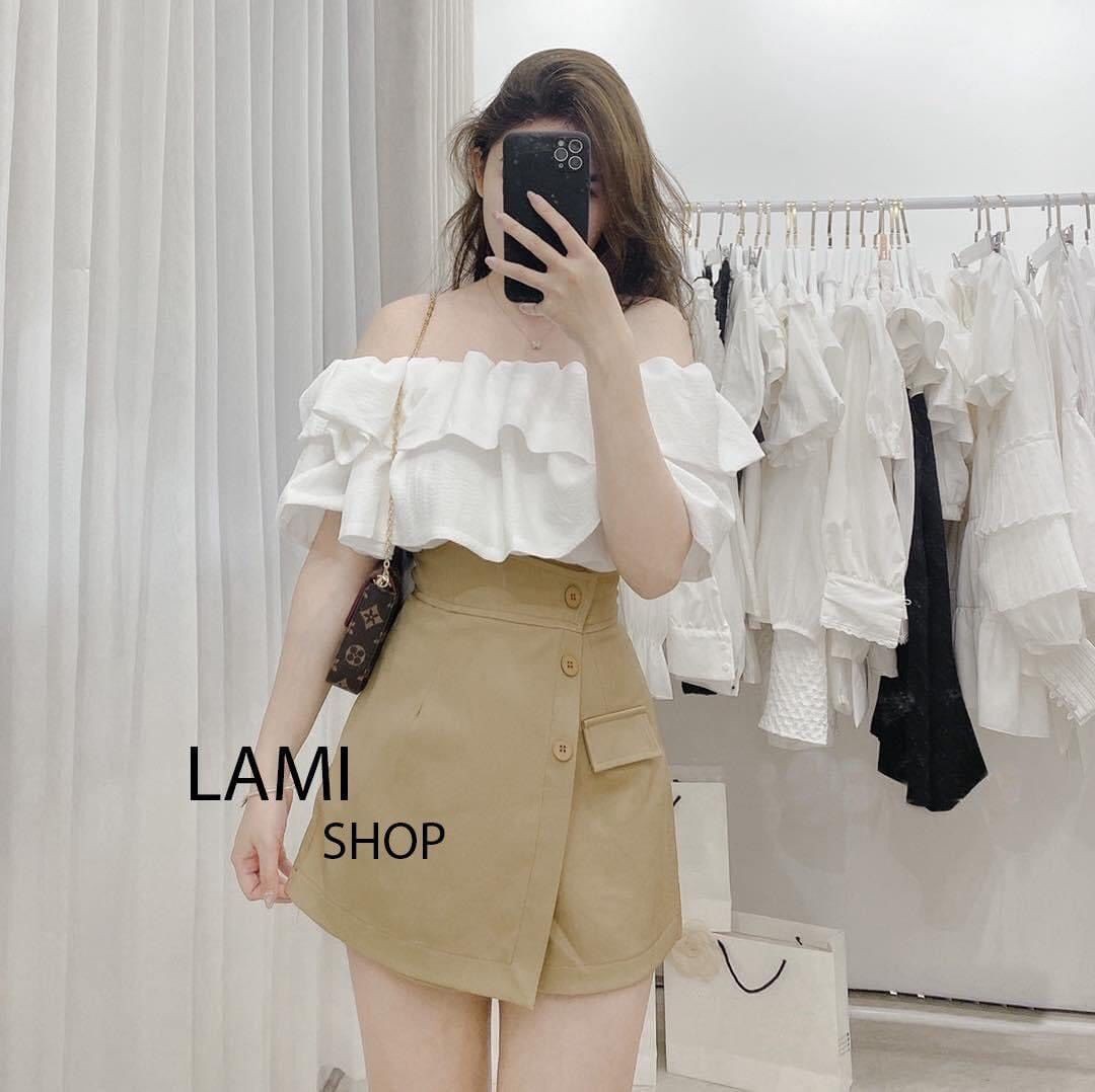 Áo croptop trễ vai 2 tầng cộc tay bồng bánh bèo áo trắng trần năng động